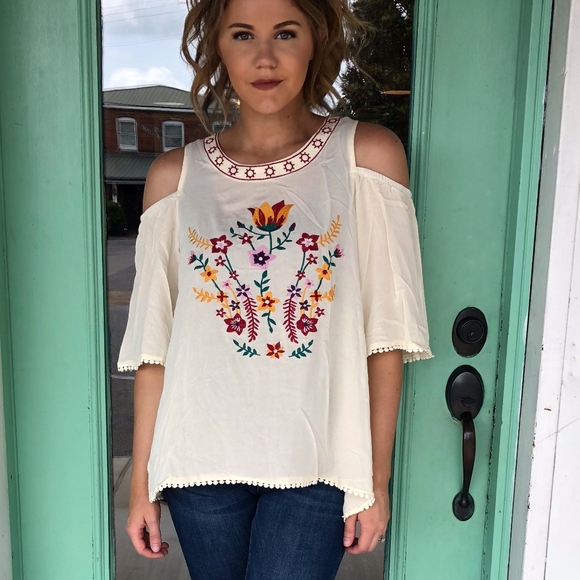Tops - Mystic Ramblings Embroidered Cold Shoulder Top